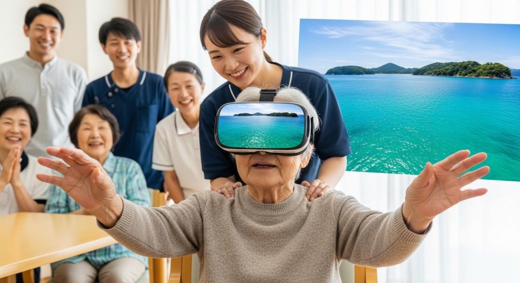 VRで山口県の絶景を楽しみながらリハビリを行う高齢者