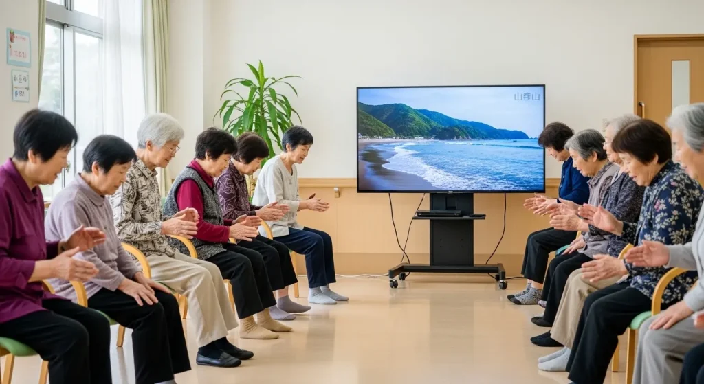 山口県のバーチャル旅行映像に合わせて運動する高齢者