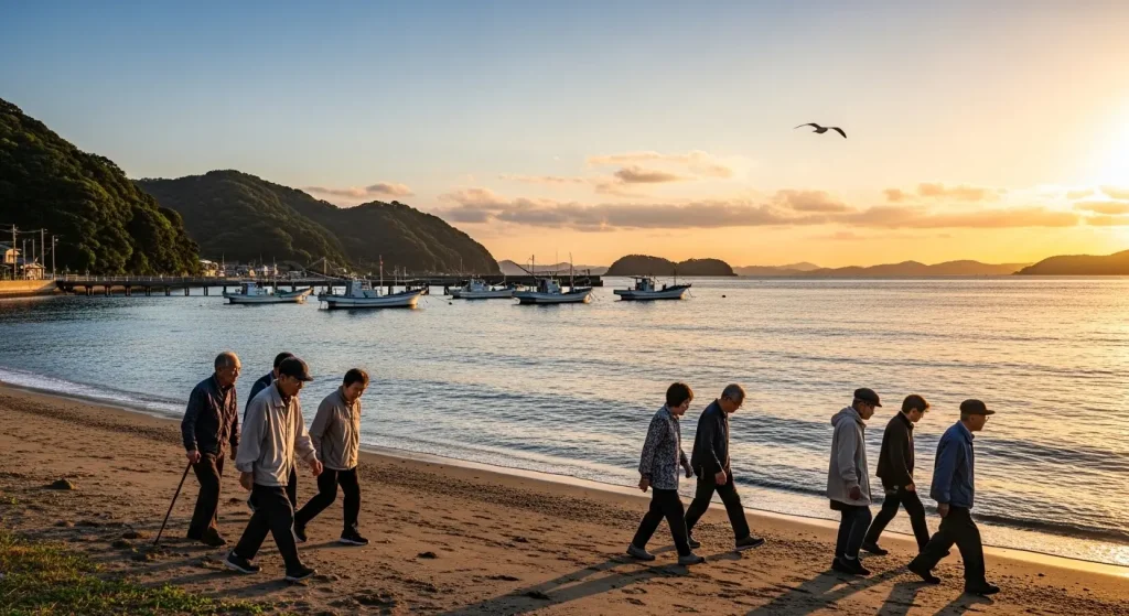 山口県の海岸沿いでウォーキングを楽しむ健康的な高齢者夫婦