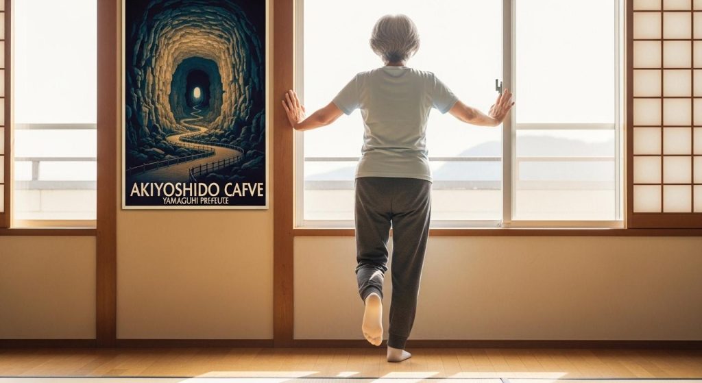 壁を支えにしてふくらはぎを鍛える高齢女性