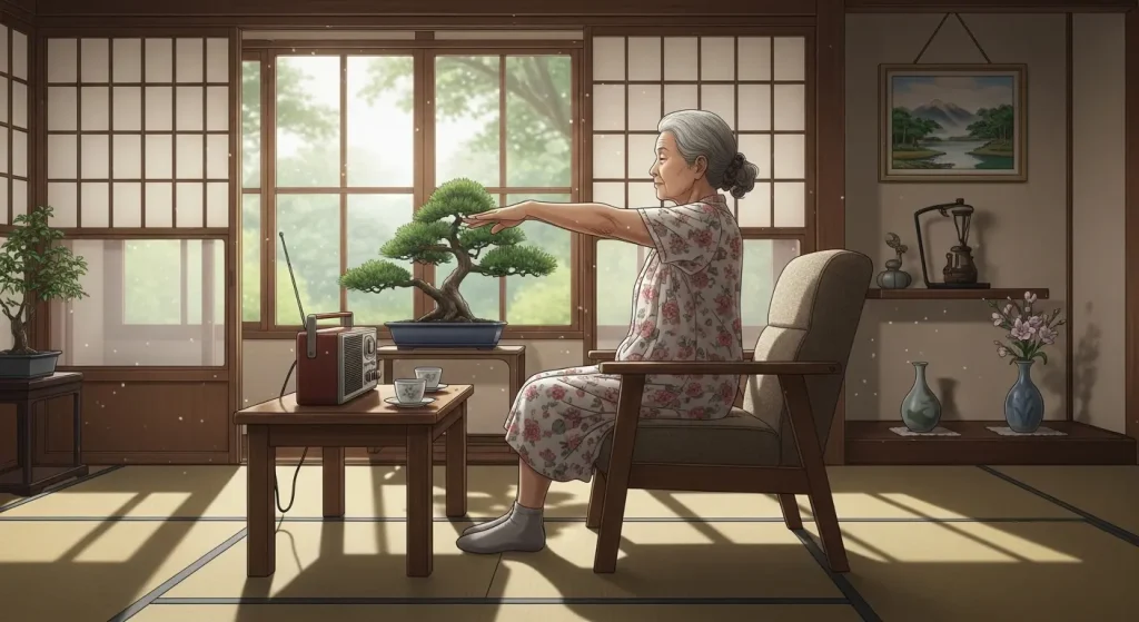 椅子に座ってラジオ体操を実践する高齢女性