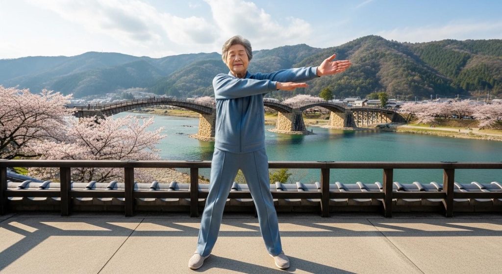 山口県の名所を背景に心身を整えるストレッチをするシニア