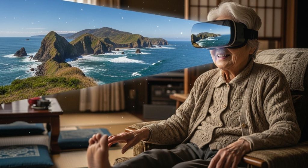 VR動画でバーチャル旅行を楽しみながらリハビリをする高齢者
