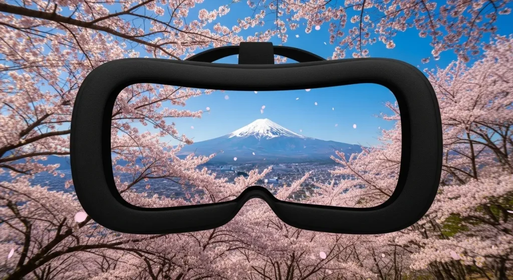 バーチャル旅行動画で山口県の絶景を体験する高齢者