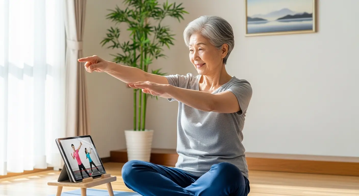 タブレットの動画を参考に椅子腹筋を行う高齢女性