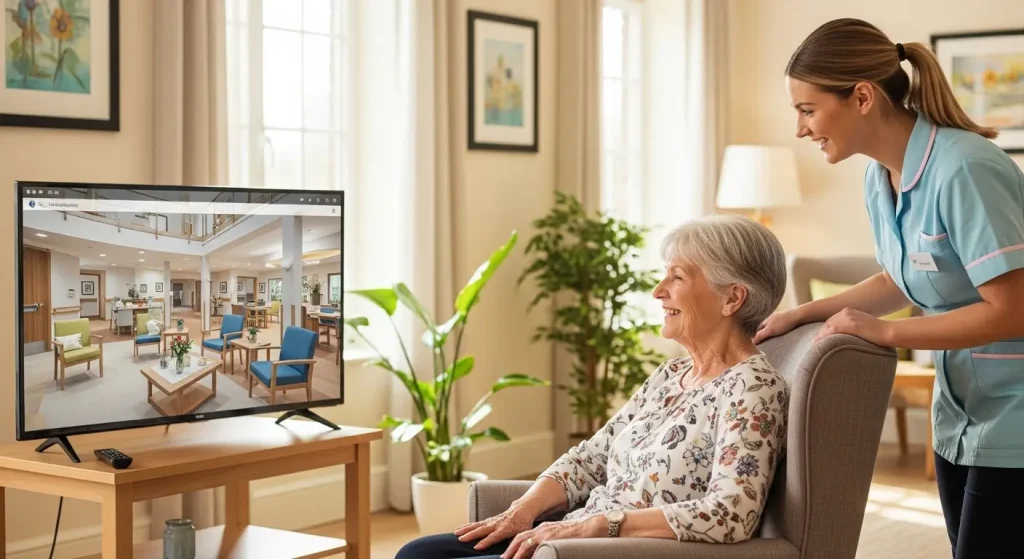 介護施設で山口県の観光動画を鑑賞し交流する高齢者たち