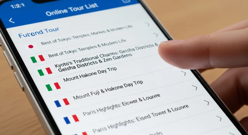 スマートフォンでオンライン旅行のコースを検索する様子