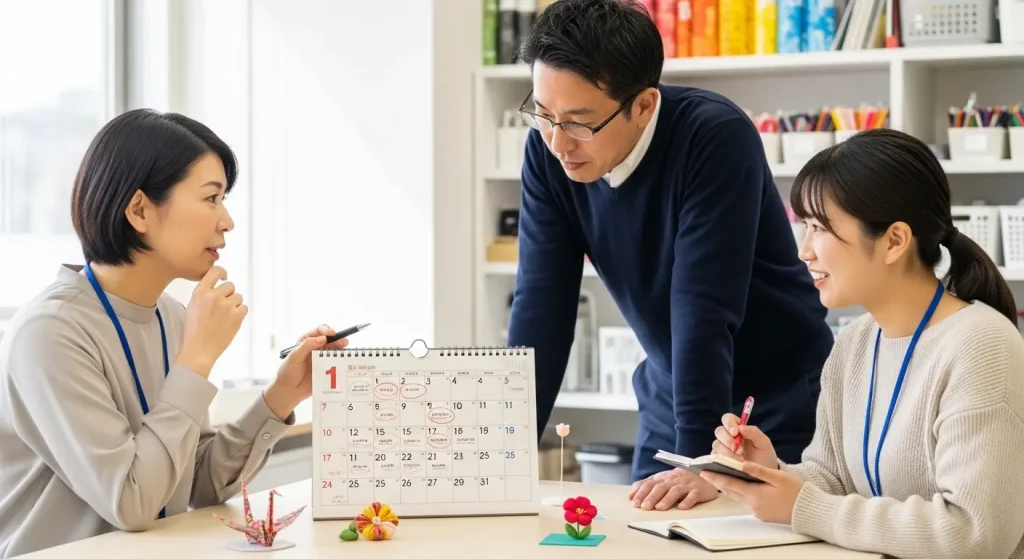 季節に合わせたレクリエーションの企画を相談する介護現場の職員