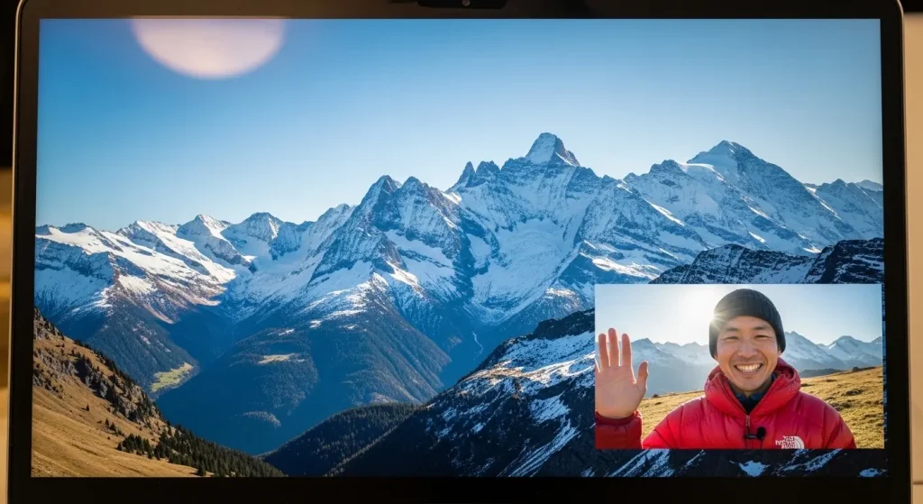パソコン画面に映るスイスの山々とオンラインガイドの様子