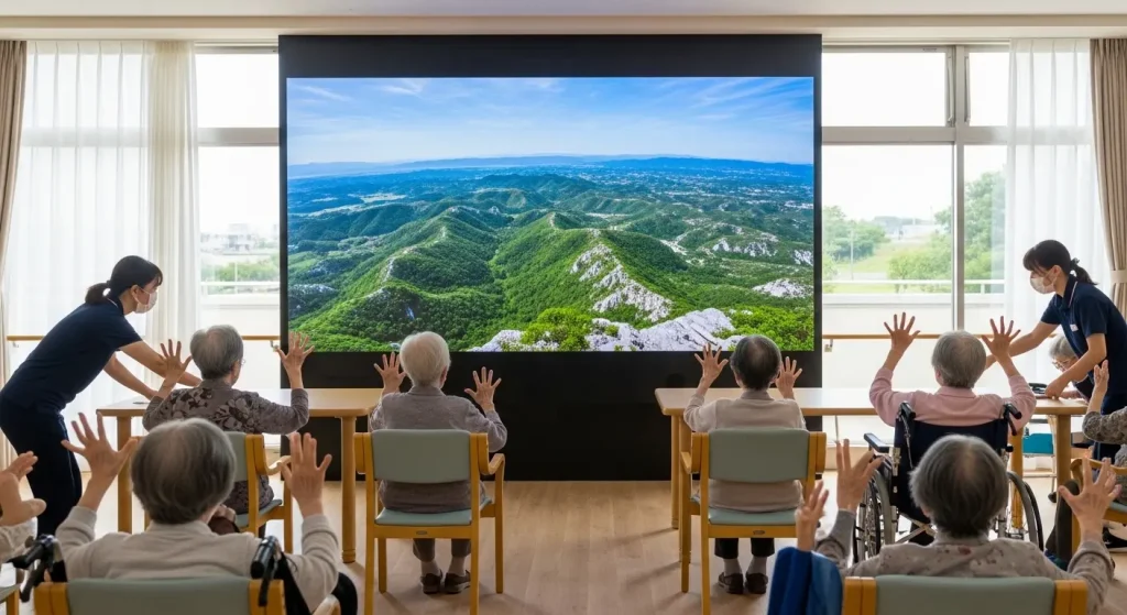 山口県の絶景動画を見ながらレクリエーションで体操をする高齢者