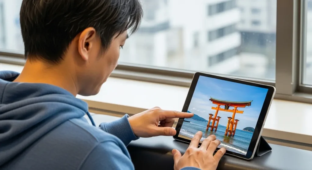 山口県の観光動画を視聴しながら指のリハビリに取り組む男性