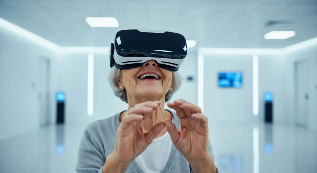 VRゴーグルでバーチャル旅行を楽しみながら指運動をする高齢者