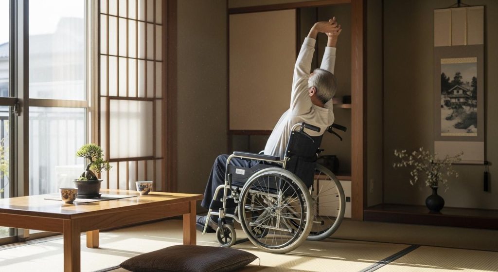 車椅子に座ったまま上半身のストレッチを気持ちよく行う高齢者