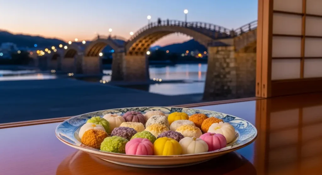 山口県の特産品とお土産を楽しみながら景色を眺める様子