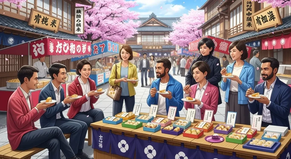 山口県の観光土産「外郎」を囲んで休憩する参加者