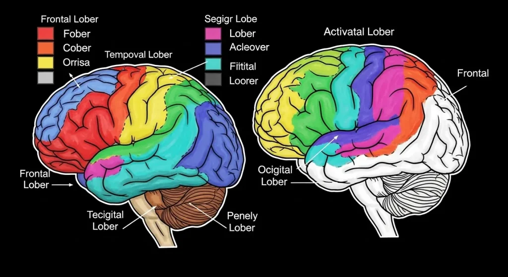 塗り絵が刺激する脳の各部位の説明図