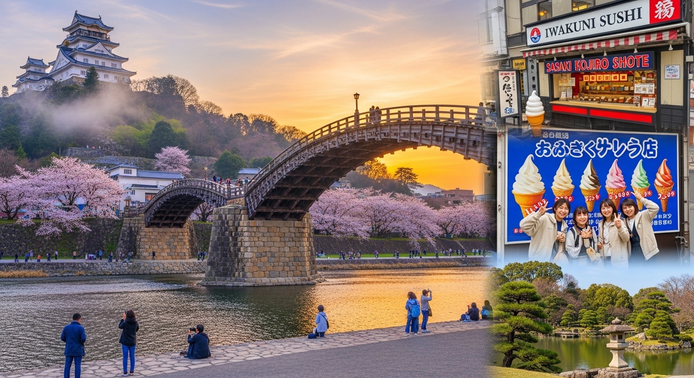 山口県岩国市の名勝、五連アーチが特徴的な木造の錦帯橋