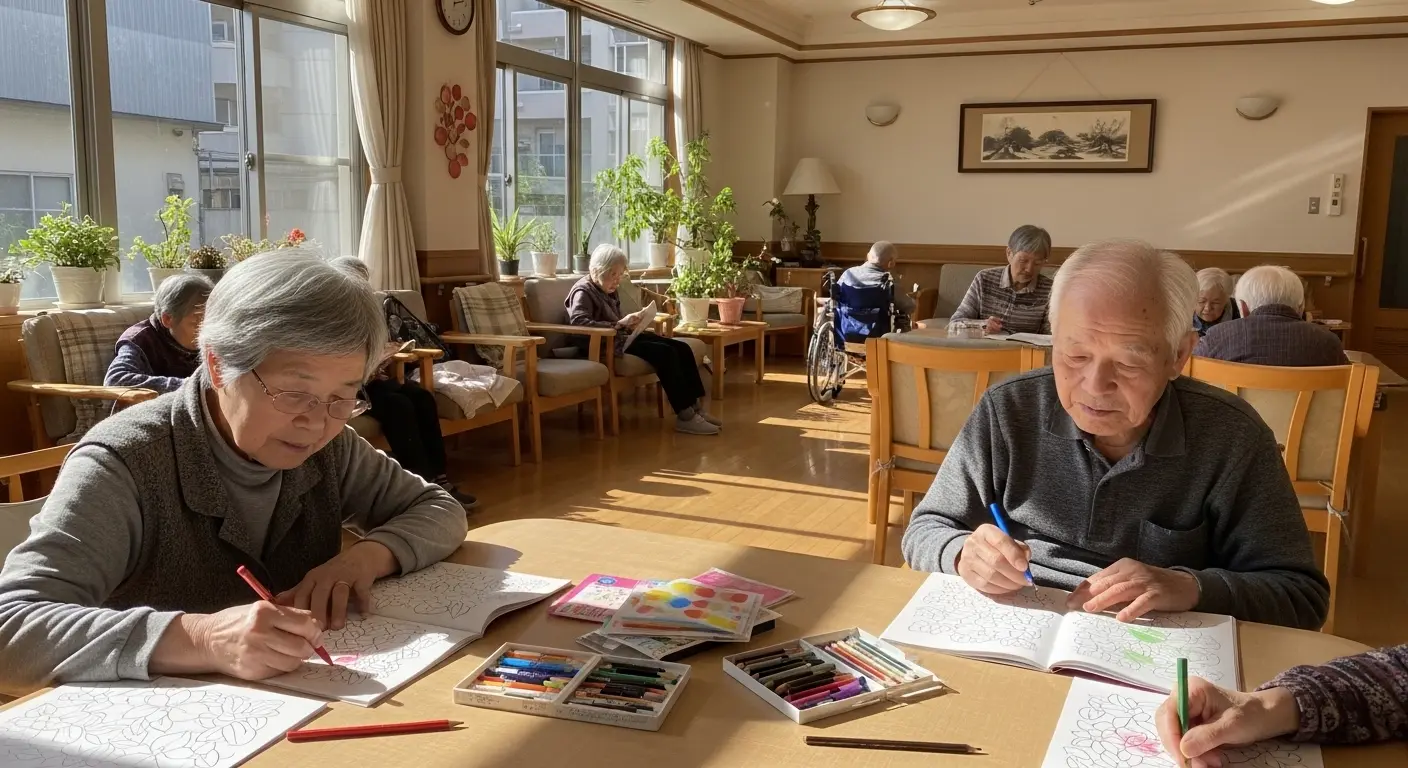 介護施設で塗り絵レクリエーションを楽しむ高齢者
