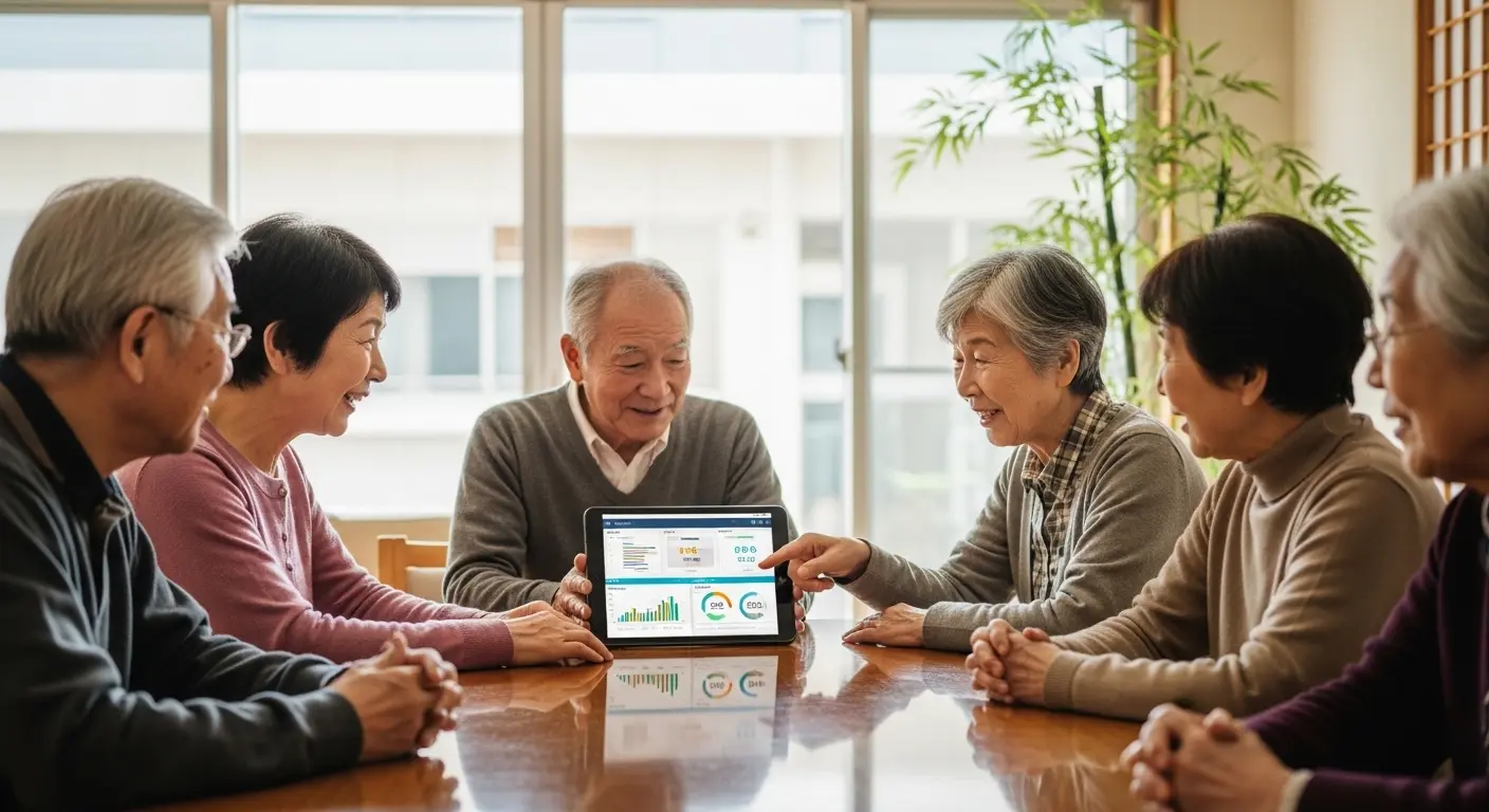 高齢者に見やすい配色でデザインされたWebサイトを見るシニア