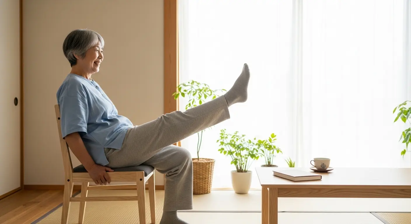 自宅で足のトレーニングを行う高齢者