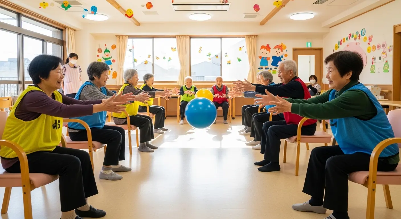 介護施設でチーム対抗のボール回しゲームを楽しむ高齢者とスタッフ