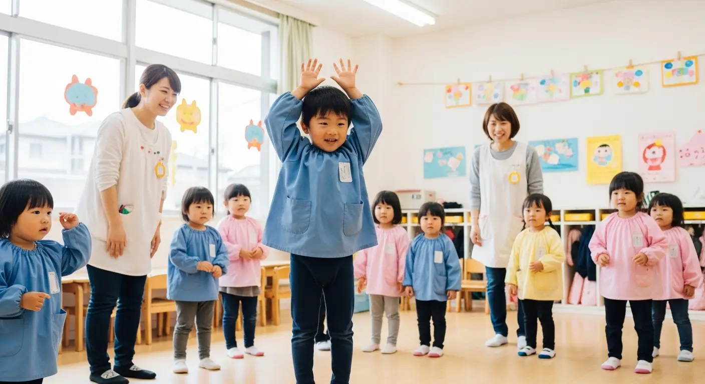 保育園でジェスチャーゲームを楽しむ子どもたちと保育士