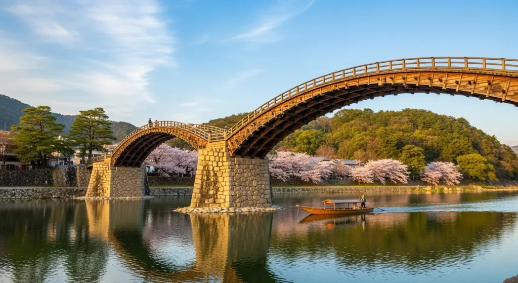 錦帯橋の精巧な木造建築の裏側とアーチの構造