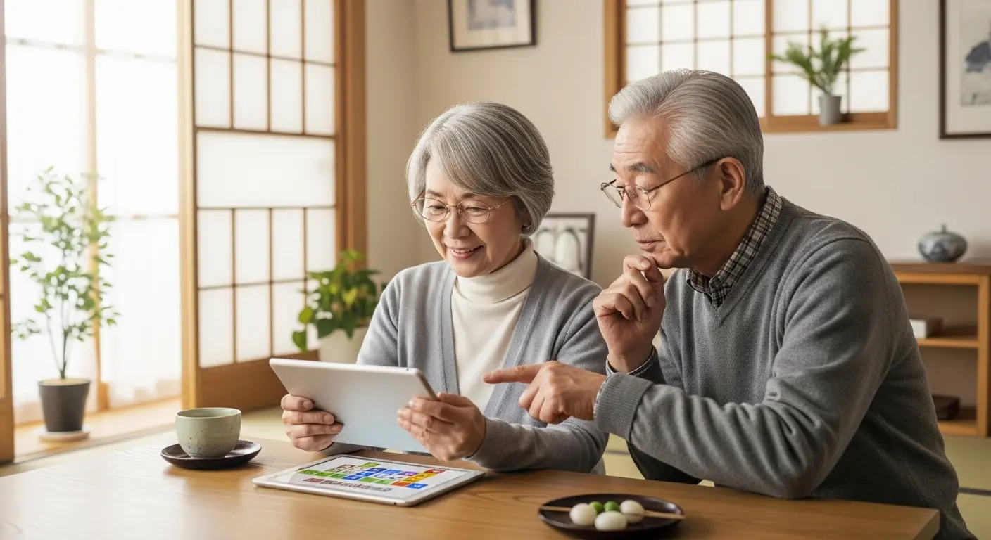 タブレットで脳トレを楽しむ高齢者夫婦の風景