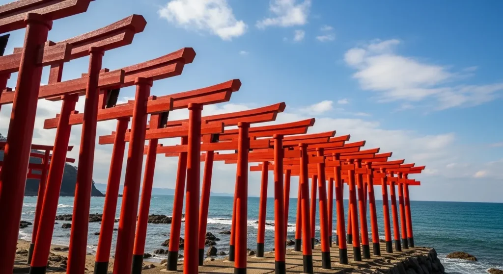 青い海をバックに赤い鳥居が連なる、コントラストの美しい写真。
