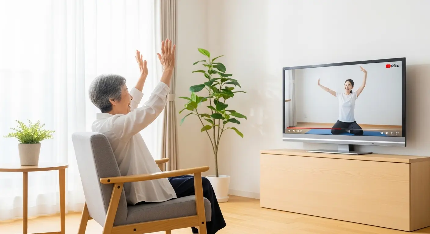 youtubeを見ながら座ったまま運動する高齢者