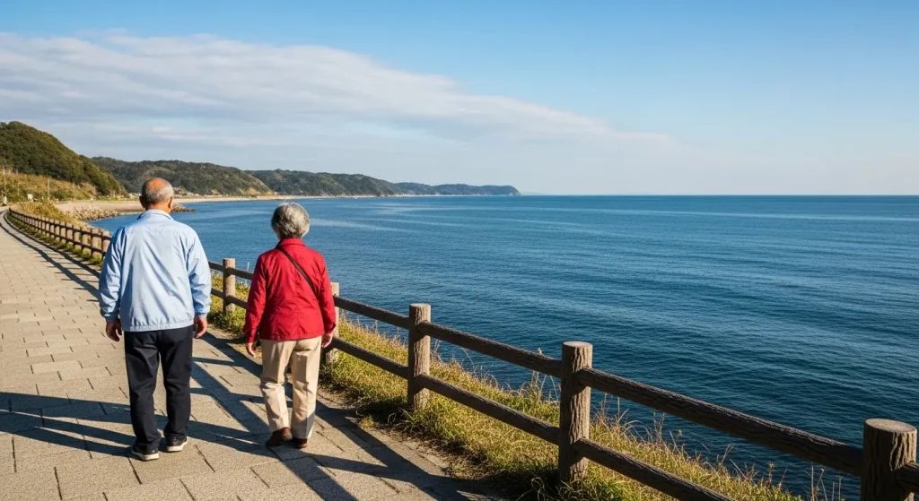 山口県の海岸沿いで運動を楽しむシニア