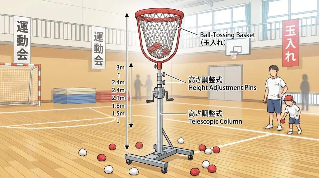 高さを自由に変えられる玉入れのカゴの構造