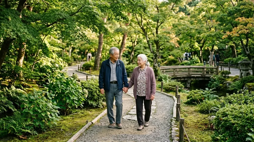 緑豊かな公園の道を、手を繋いで仲良く歩く老夫婦。光が柔らかく差し込んでいる。