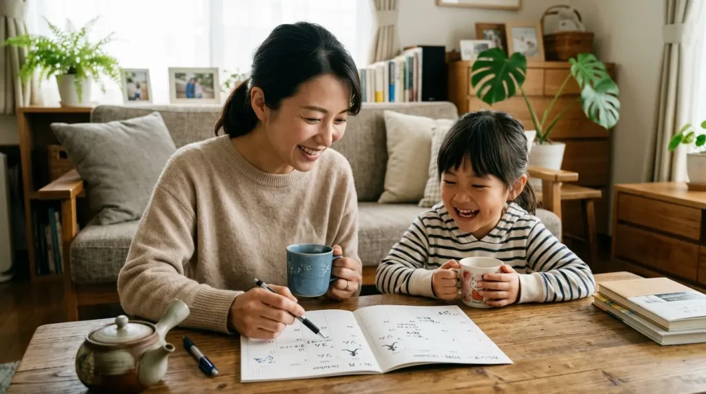 親子で運動の目標を話し合う様子