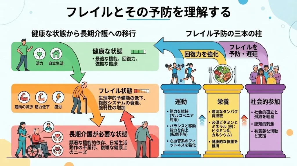 フレイル予防の3つの柱を示すインフォグラフィック