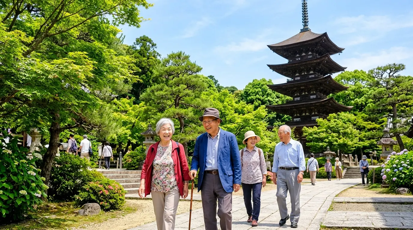 山口県の公園で健康的に歩く高齢者の夫婦