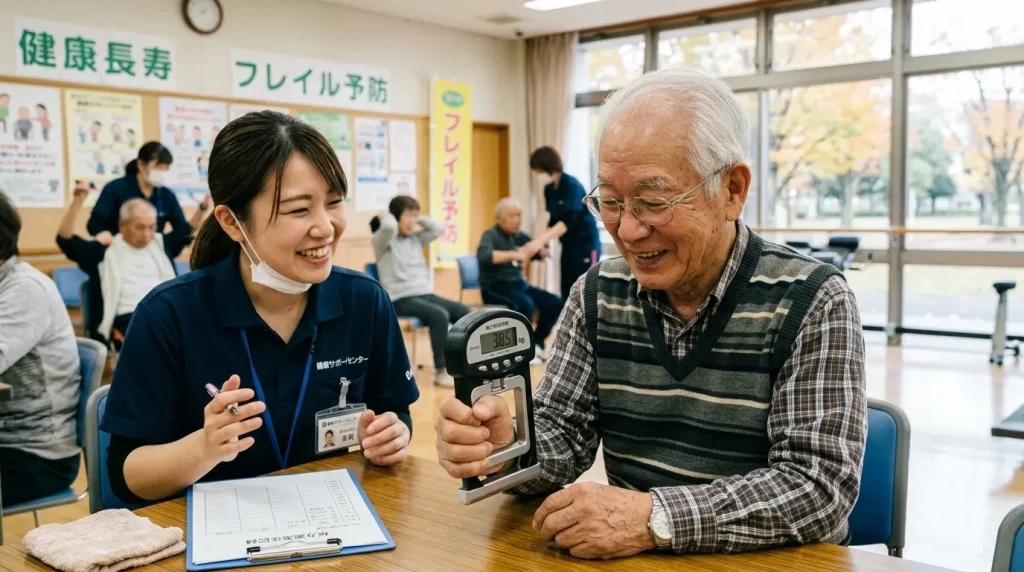 体力の変化を確認するために測定を行う様子