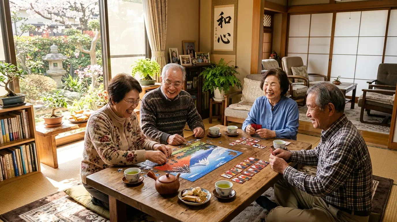 笑顔で脳トレのゲームを楽しむ高齢者の男女