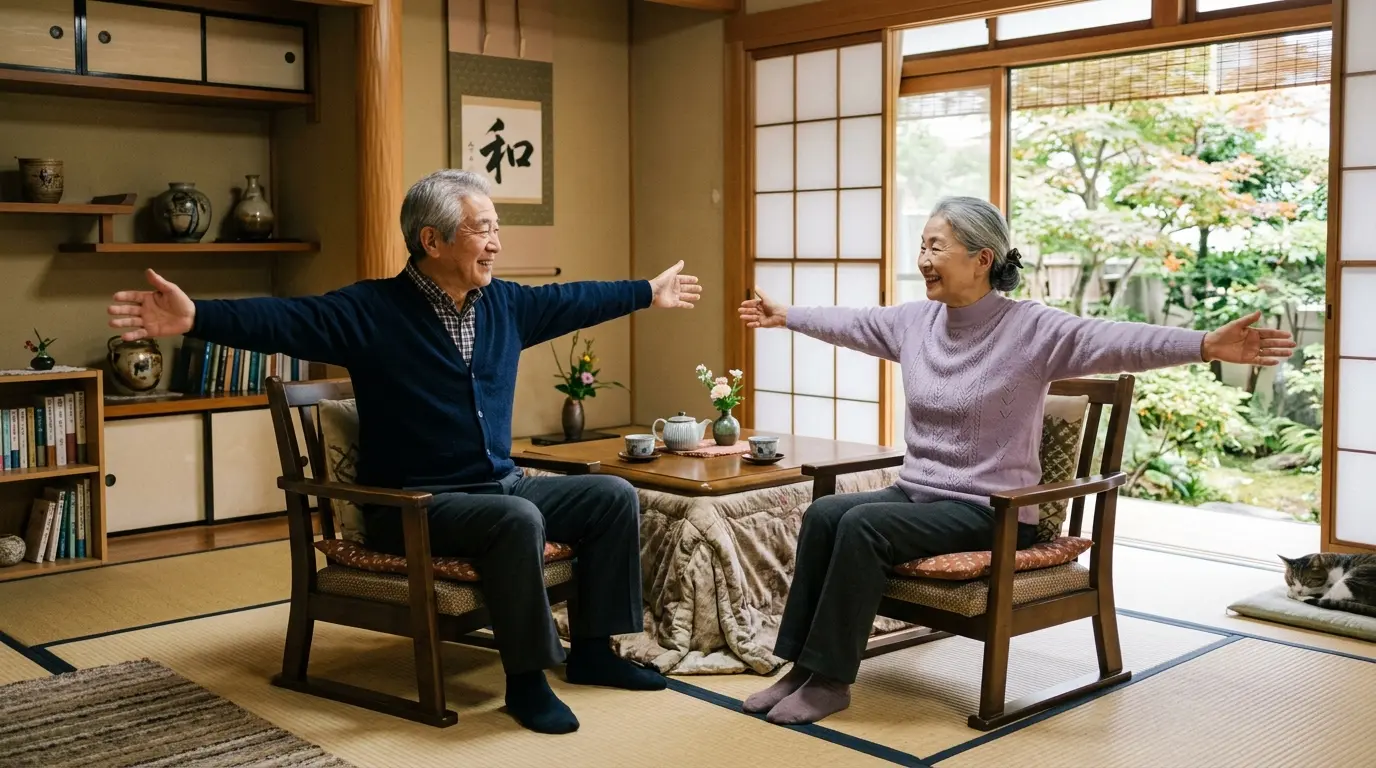 自宅で椅子体操を楽しむ高齢者夫婦と山口県の風景