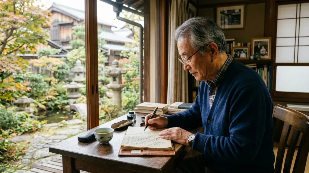 日々の出来事を思い出しながら日記をつける様子