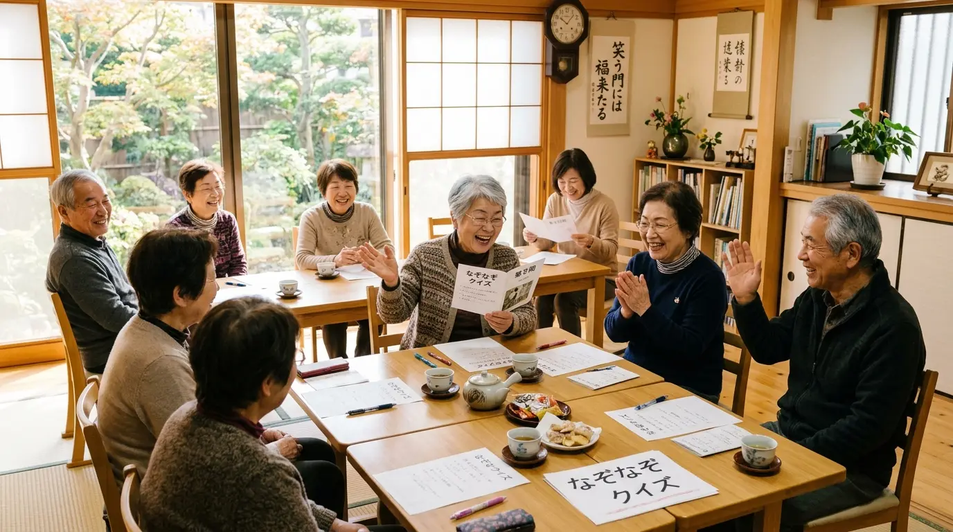 室内で夏のなぞなぞクイズを楽しむ高齢者のグループ
