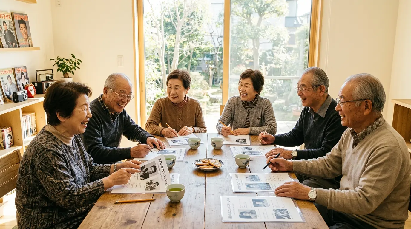 昭和のクイズを笑顔で楽しむ高齢者のグループ