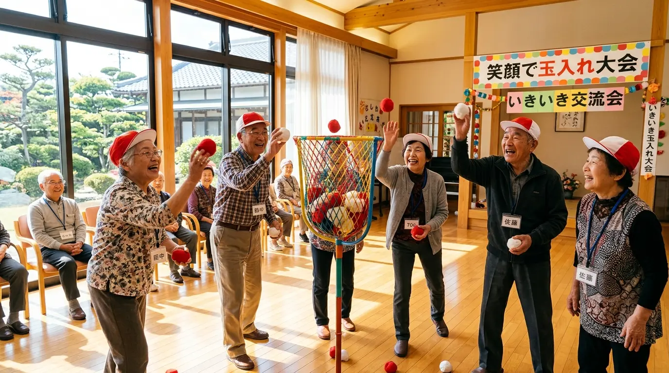 室内運動会で玉入れを楽しむ高齢者の様子