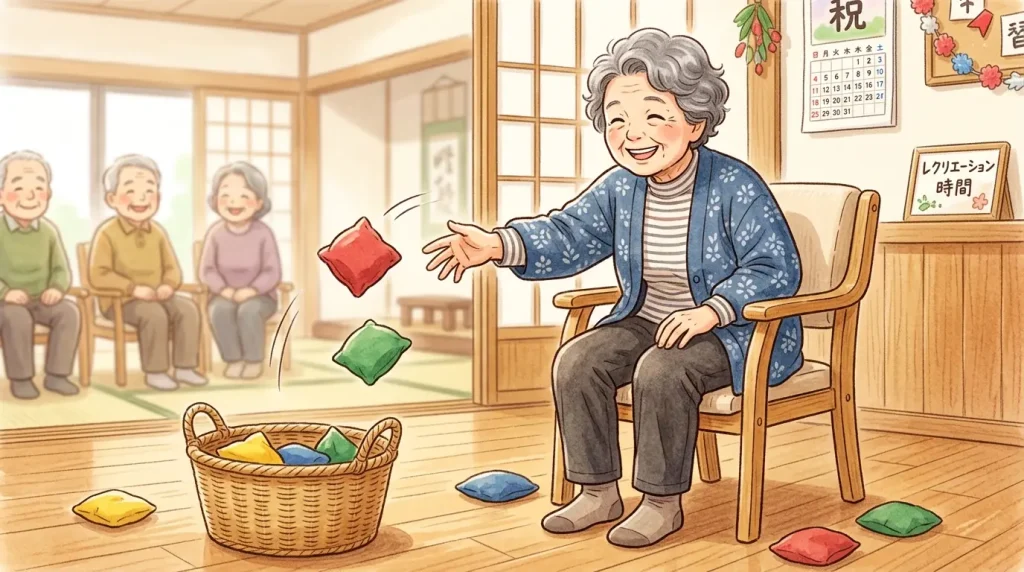 椅子に座ったまま安全に玉入れを行う高齢者