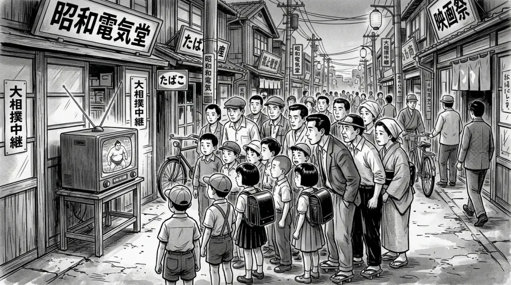 昭和の街頭テレビに集まって放送を楽しむ人々