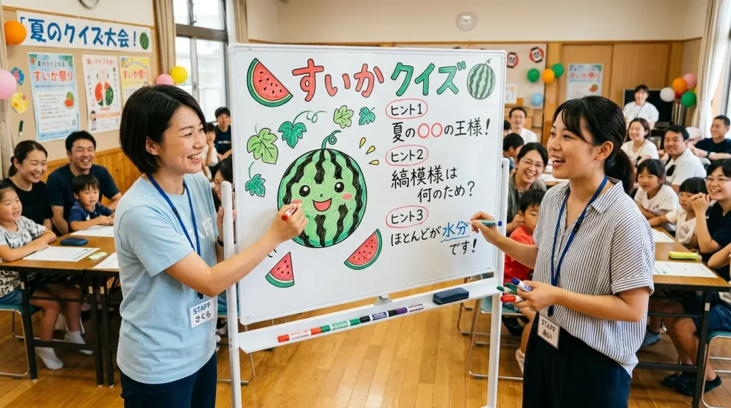 ホワイトボードの絵をヒントになぞなぞを解くシニア