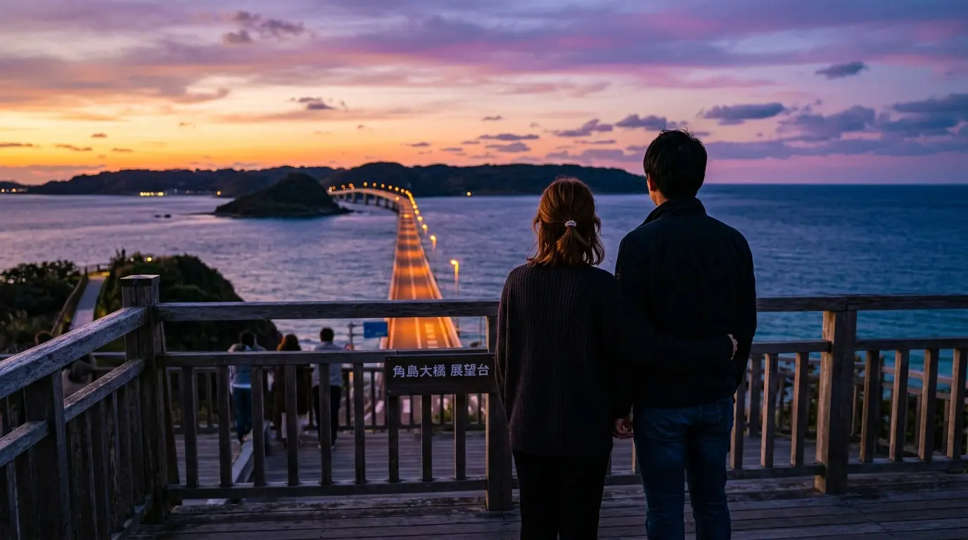 山口県角島大橋の夕日を眺めるロマンチックなカップル