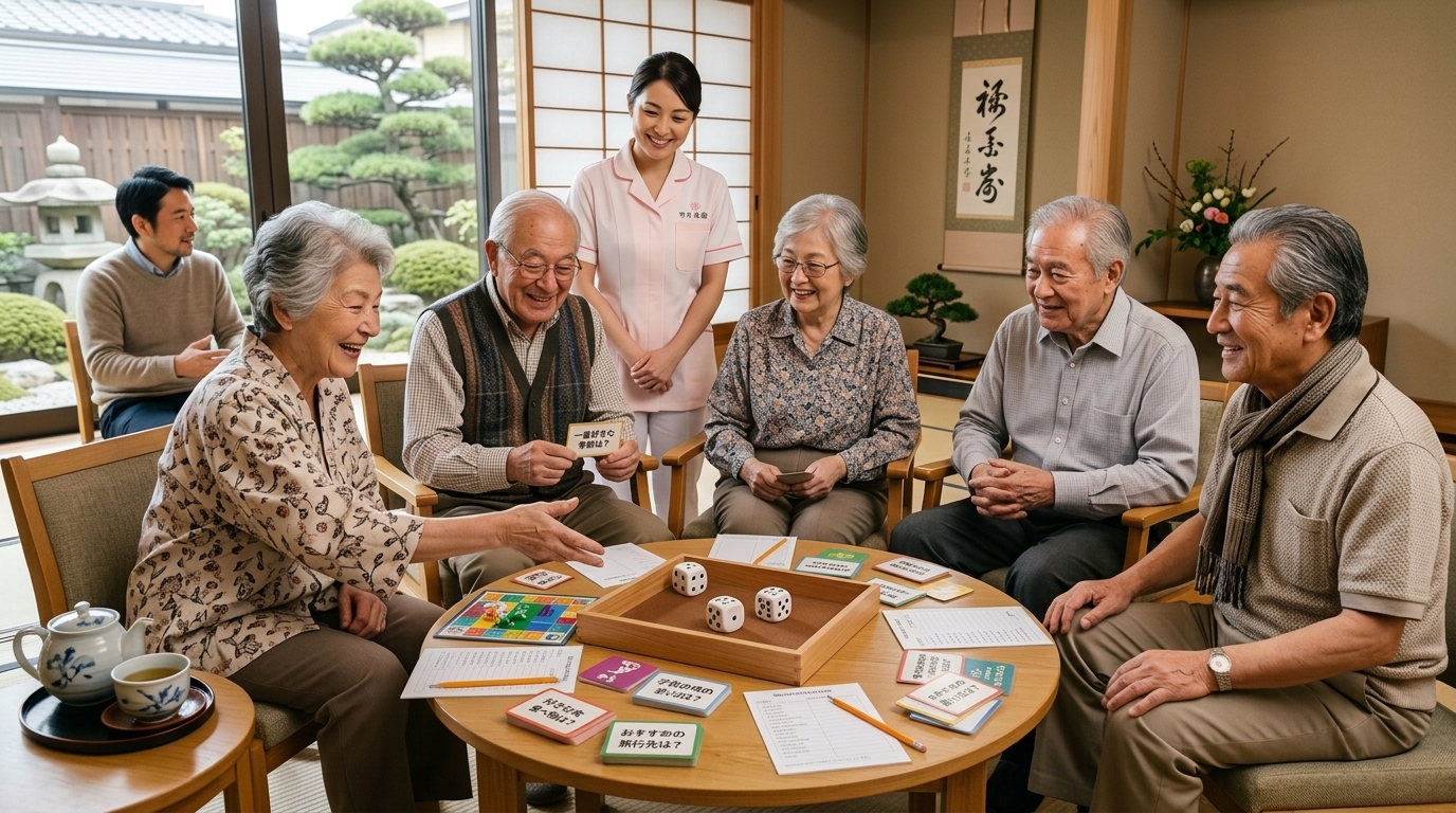笑顔でコミュニケーションゲームを囲む高齢者とスタッフ