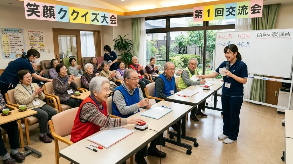 ホワイトボードに書かれたクイズに挑戦する高齢者たち