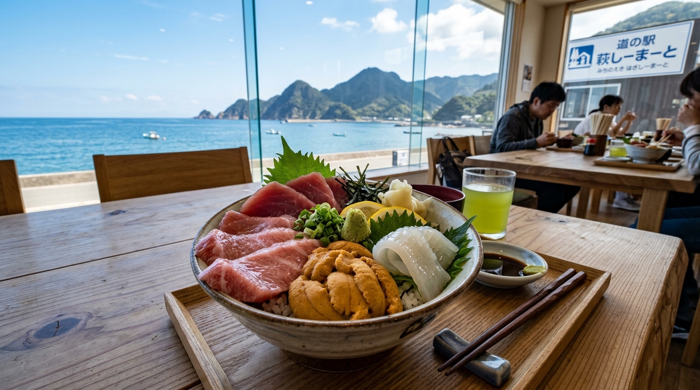 山口県の道の駅で提供される、新鮮な地魚をふんだんに使った贅沢な海鮮丼
